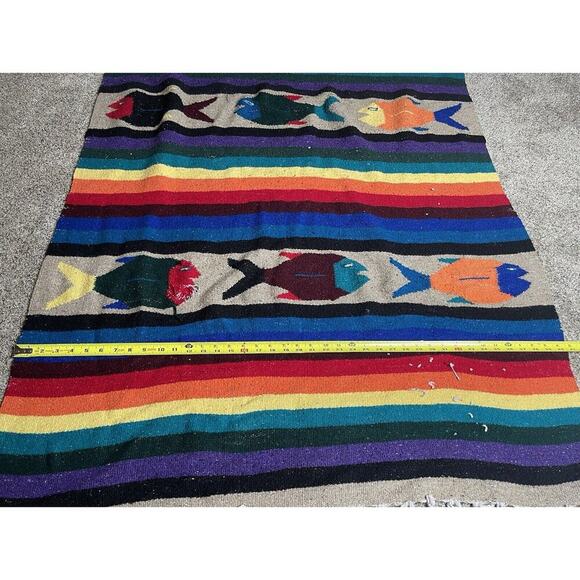 Vintage Native American Blanket 75in X 40in Fish & Colorful Rainbow Throw Rug - Picture 8 of 8